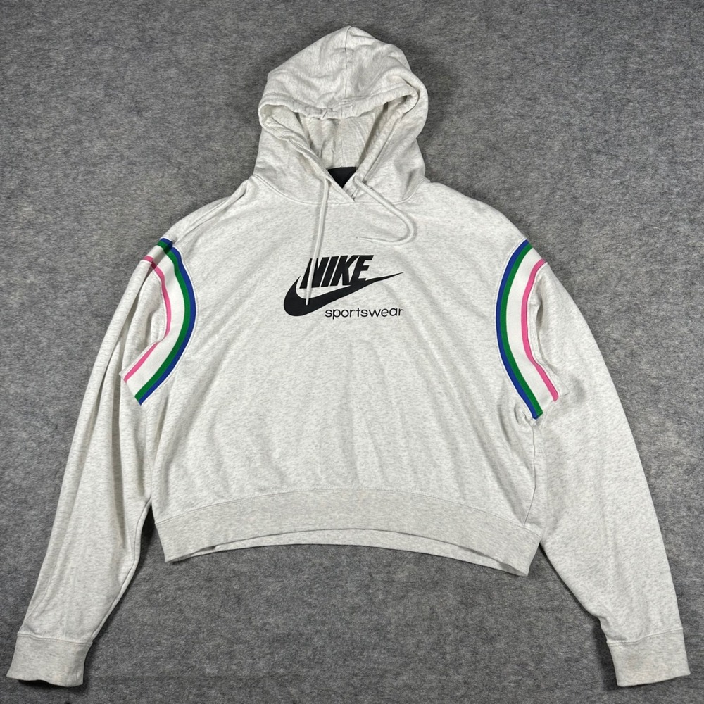 Nike Womens Grey Sportswear Cropped Striped Logo Hoodie M
